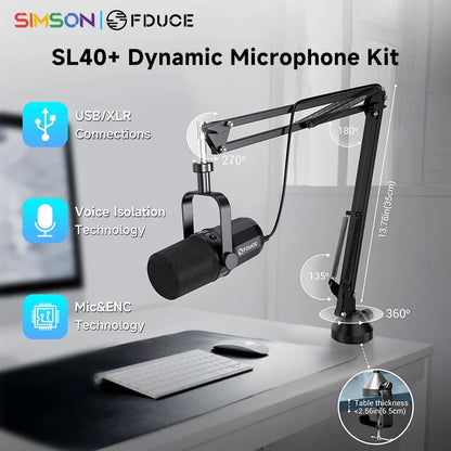 FDUCE SL40+ USB/XLR Dynamic Microphone Kit with Headset Output, Sound Insulation & Arm Stand for PC, PS5/PS4, and Mixers