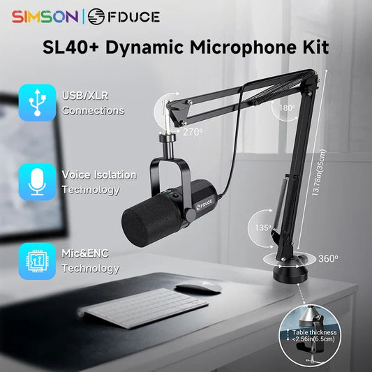 FDUCE SL40+ USB/XLR Dynamic Microphone Kit with Headset Output, Sound Insulation & Arm Stand for PC, PS5/PS4, and Mixers