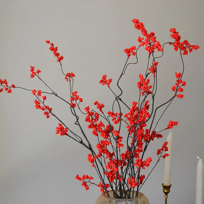 120CM Style Artificial Flower Arrangement – Zen Winter Green & Red Berry Décor for Home, Tea Table Decoration