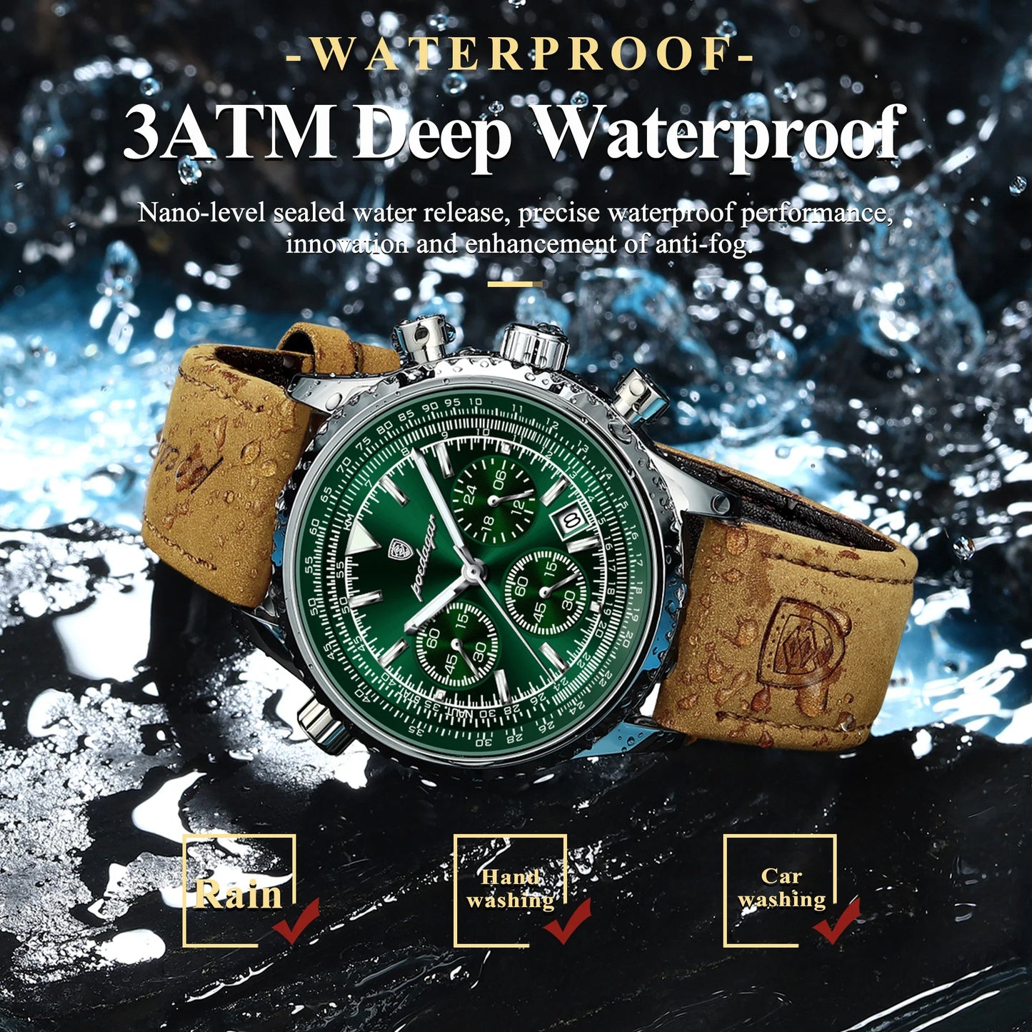 POEDAGAR Luxury Men's Quartz Watch Waterproof Luminous Date Chronograph Leather Military Sports Wristwatch