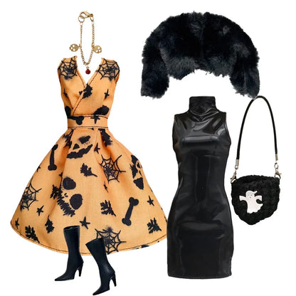 1/6 Doll Halloween Cosplay Outfit – Witch Dress, Cap, Belt, Bag & Broom for 12" BJD / 30cm Dolls