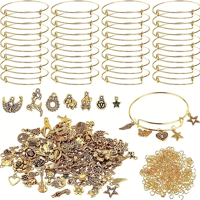 90-Piece Adjustable Bangle Jewelry Making Kit - Charms, Earring Hooks & Jump Rings