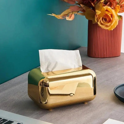 Luxury Golden Tissue Box – Desktop Napkin Holder & Paper Organizer for Home, Kitchen & Office