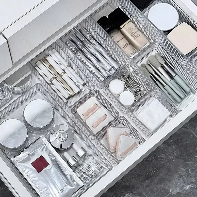 Unlimited Desk & Drawer Organizer Set – Clear Plastic Storage Boxes for Bathroom, Makeup & Kitchen