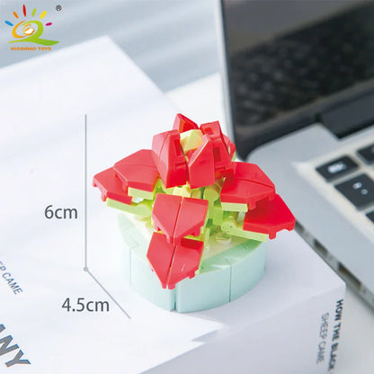 HUIQIBAO MOC Flower & Succulent Potted Building Block Set – DIY Eternal Bouquet, Home Desk Plant Decor, Girls & Kids Toy Gift