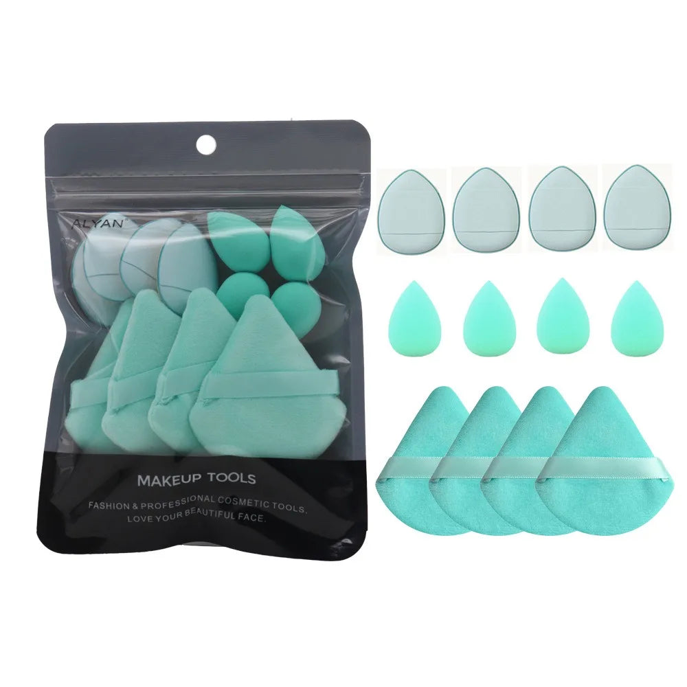 12PCS Mini Makeup Finger Puffs – Triangle & Water Drop Velvet Foundation Sponges Cosmetic Blender Set