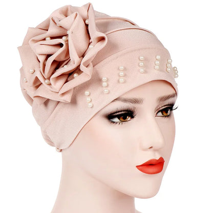 2024 Pearl Embellished Muslim Turban Beanie for Women – Elastic Hijab Headwrap with Flower Chemo Cap