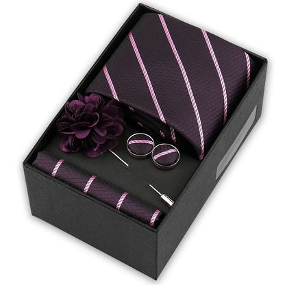 Men’s 4-Piece Tie Set Gift Box - Elegant Necktie with Handkerchief, Cufflinks & Brooch for Business, Wedding & Suit Accessories