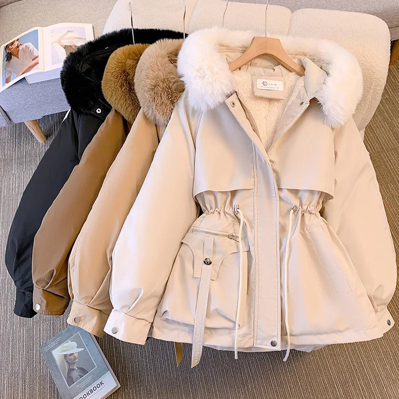 Fleece-Lined Hooded Down Jacket for Women – Warm Padded Parka, Casual Korean Streetwear Winter Coat