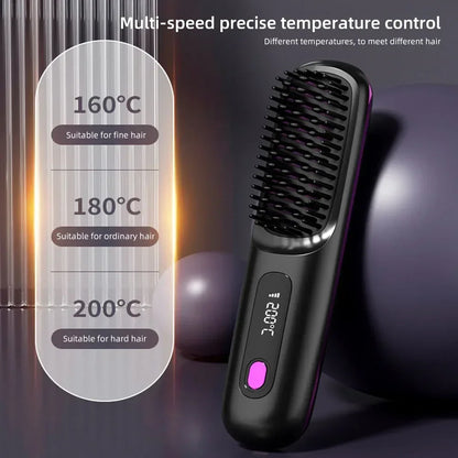 Electric LCD USB Ceramic Hair Straightening Comb – Wireless Portable Negative Ion Rechargeable Styling Brush