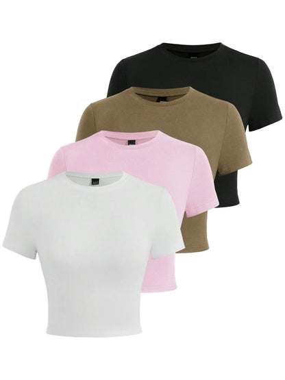 Y2K Women’s Solid Cotton Crop Top – Short Sleeve, High-Elastic O-Neck T-Shirt for Summer Streetwear & Sporty Fashion
