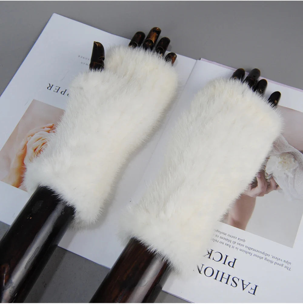 Women’s Winter Mink Fur Gloves – 100% Natural Fingerless Knitted Mittens for Warmth