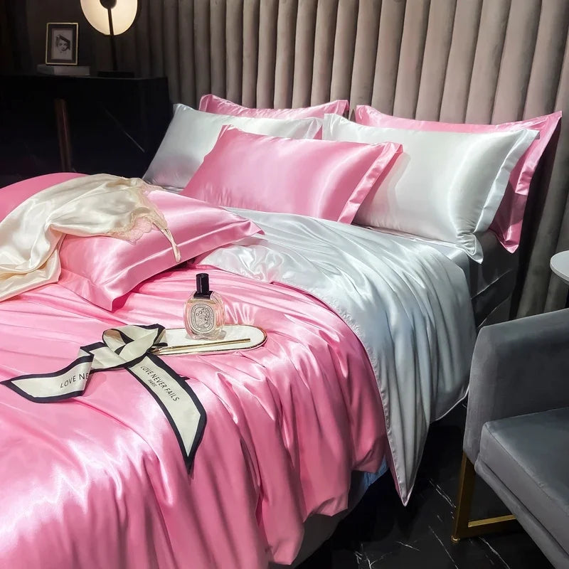 Solid Silk Bedding Set - Luxury Duvet Cover Bed Sheet Pillowcase Set For King Single Double Couple Beds