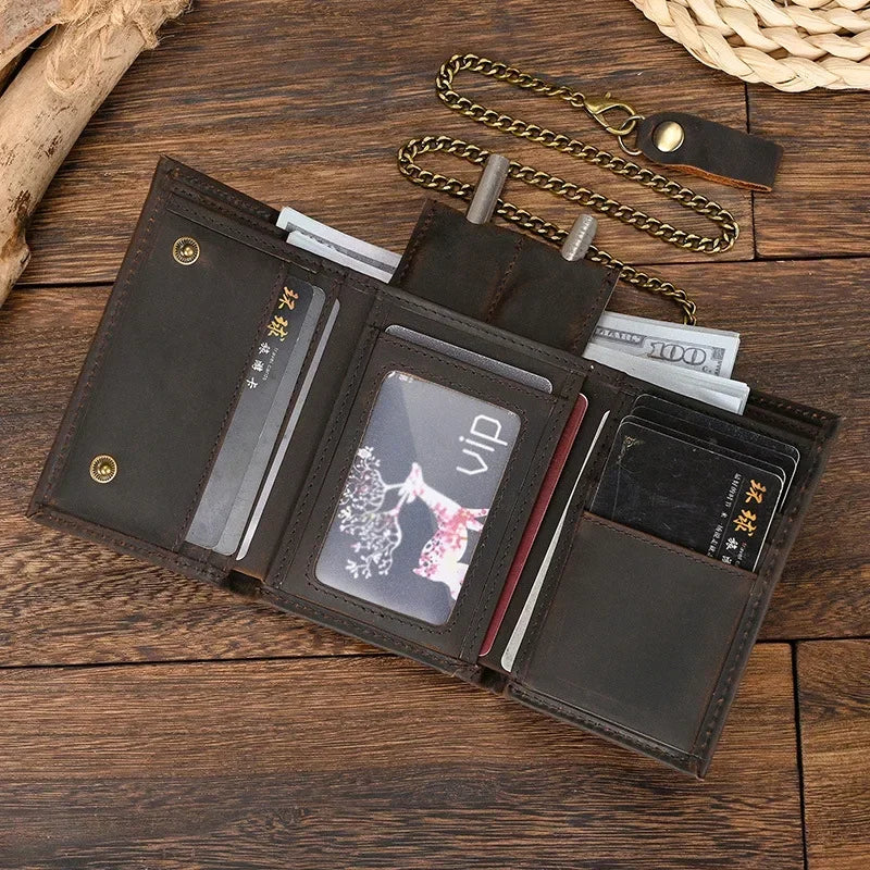 Men's Genuine Leather Short Wallet with Chain – Zipper Clutch, Trifold Purse, Card Holder & Coin Purse for Men