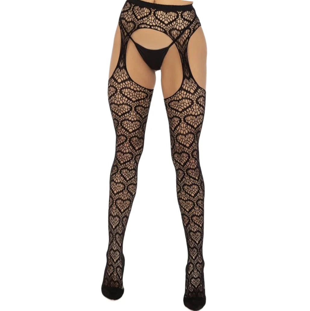 Erotic White Fishnet Thigh-High Stockings – Sexy Heart Pattern High-Waist Pantyhose Nightwear for Women