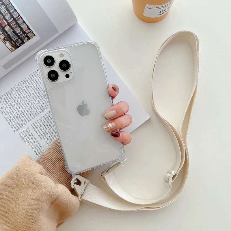 Crossbody Shoulder Strap Phone Case - Transparent Shockproof Cover for iPhone 17 Air, 16, 15, 14, 13 Pro Max & More