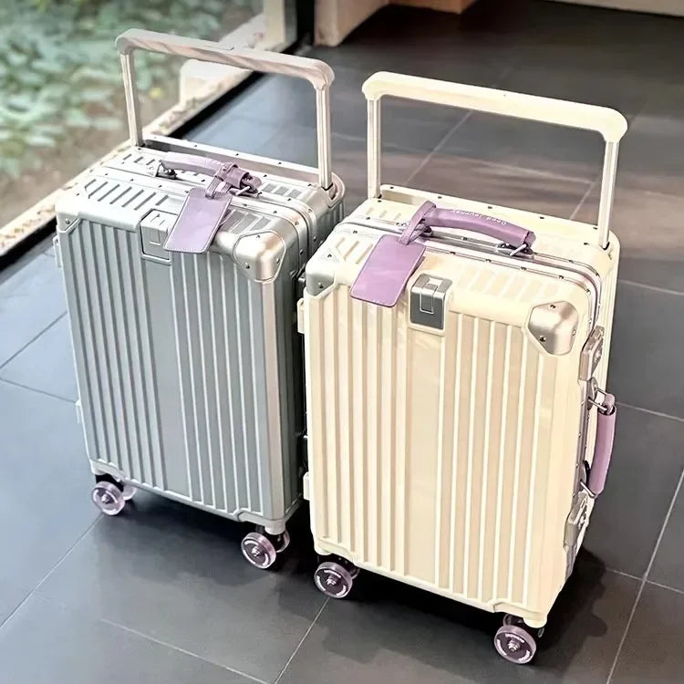 Aluminum Frame Rolling Luggage — Wide Handlebar Trolley Suitcase with Colorful Silent Spinner Wheels, TSA Lock & Large Capacity