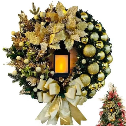 40cm Christmas Wreath with Lantern – Front Door Garland with Large Bow, Seasonal Holiday Ornament for Wall & Door Decor