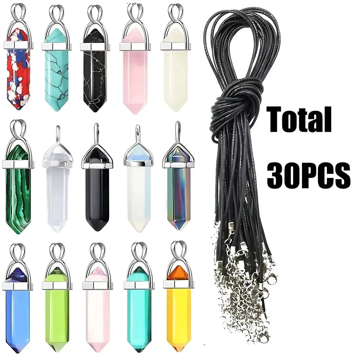 40/30PCS Hexagonal Chakra Crystal Pendant Set – Synthetic Quartz Points with Leather Necklace Chain & Storage Bag