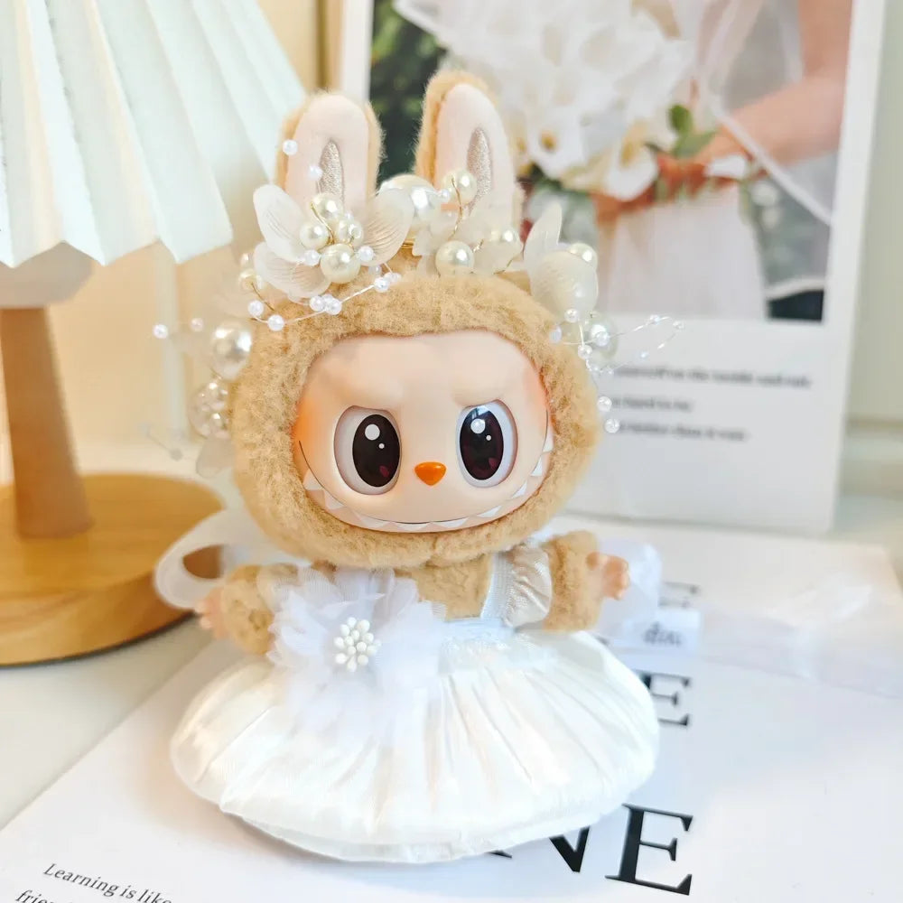 Mini Plush Doll Clothes Bud Skirt with Pearl Hair Accessory — Labubu I & II Kpop Idol Doll DIY Outfit Gift