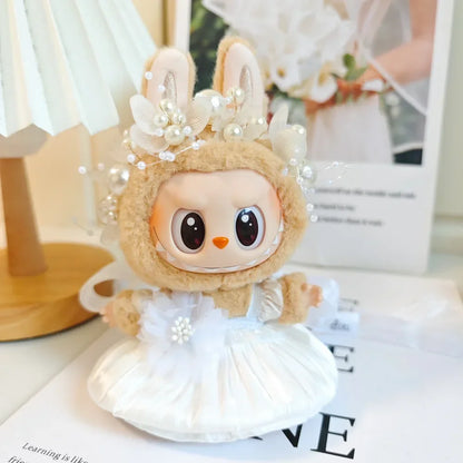 Mini Plush Doll Clothes Bud Skirt with Pearl Hair Accessory — Labubu I & II Kpop Idol Doll DIY Outfit Gift