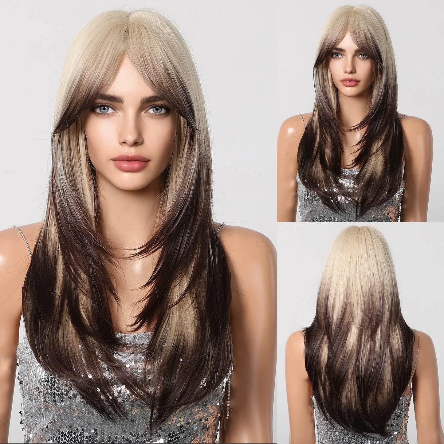 ALAN EATON Blonde Layered Synthetic Wig with Bangs – Long Straight Heat-Resistant Wig for Women & Girls, Natural Daily Hair