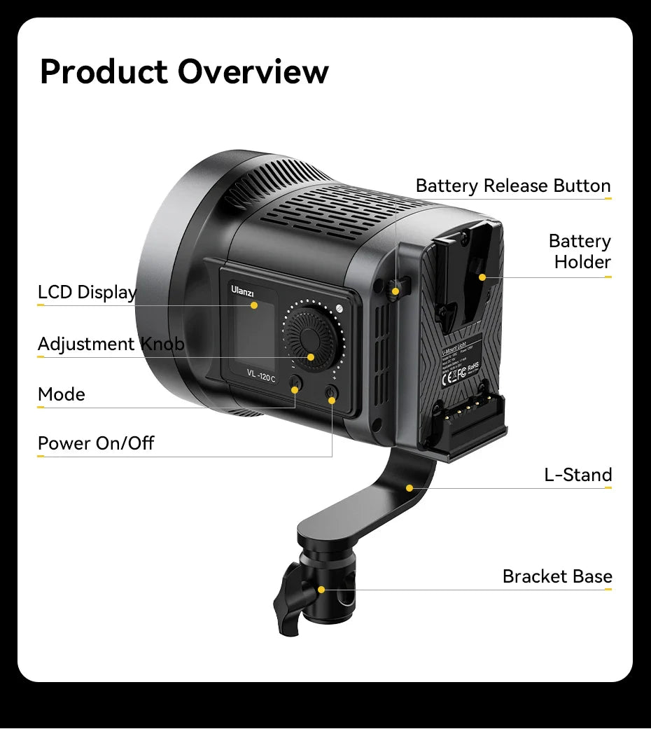 Ulanzi VL-120Bi VL-120C 120W V-Mount COB Light – Wireless APP Control, 2700K-6500K Video Light for Skit Video Photography
