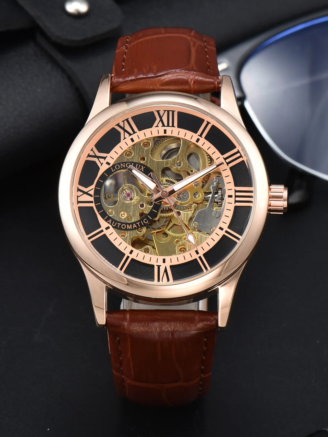 LONGLUX Rome Automatic Mechanical Waterproof Men’s Watch – Hollow Dial Leather Wristwatch Gift