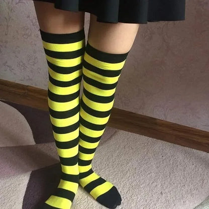 Color Striped Japanese Over-Knee Socks – Fashionable Slim Fit Black & White Stockings for Women