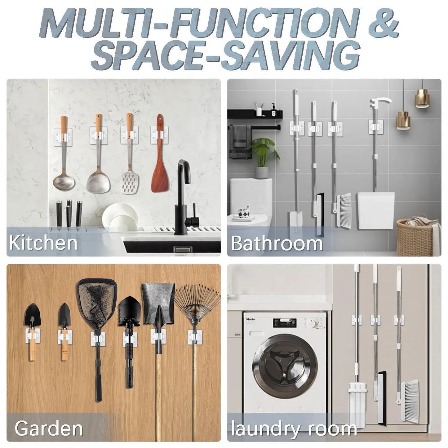 Mop Hanger 4-Pack — Self-Adhesive Wall-Mounted Broom & Mop Holder for Laundry Room & Bathroom Organization