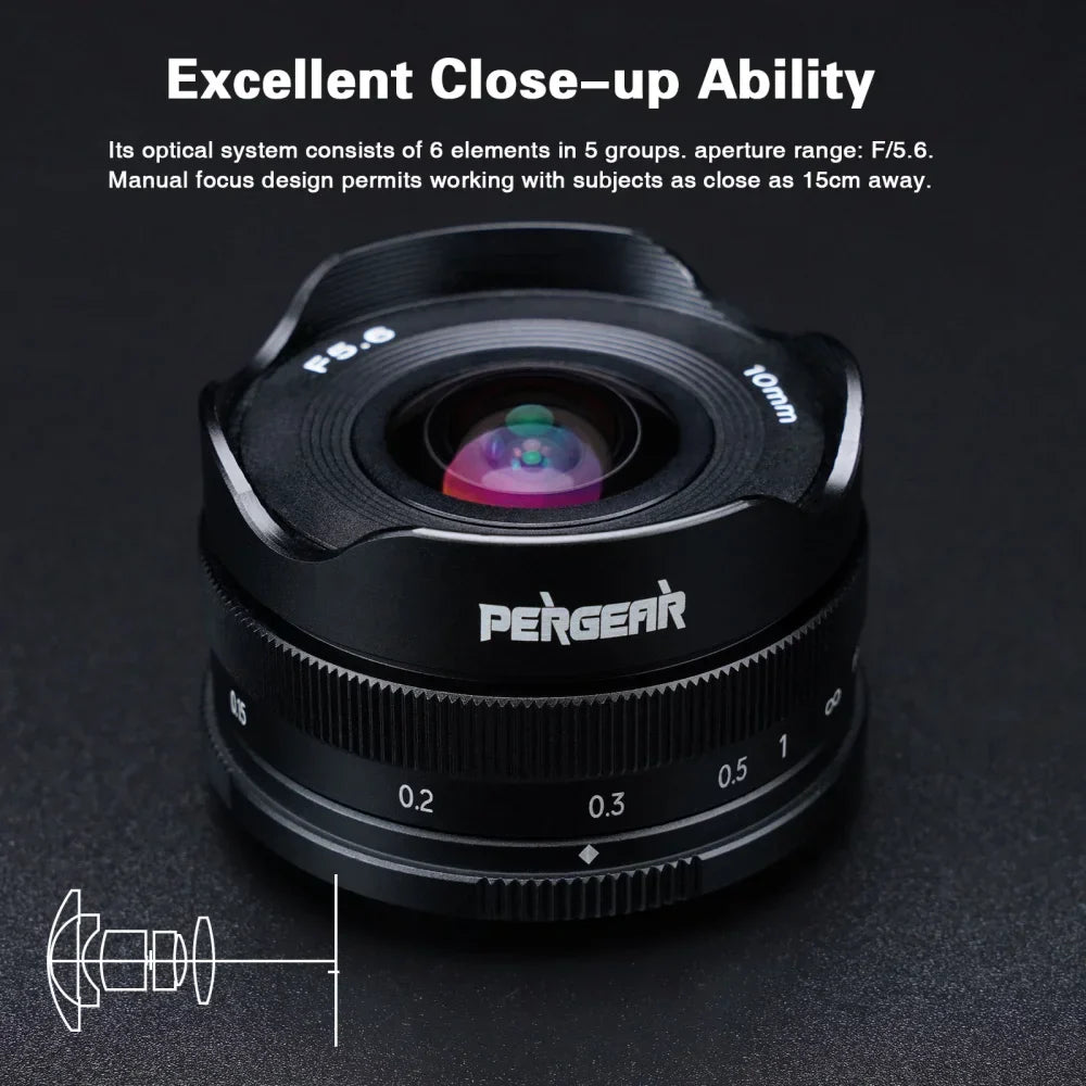 PERGEAR 10mm F5.6 APS-C Fisheye Manual Focus Prime Lens — Ultra-Wide for Fuji XF, M43, Sony E, Canon EOS M Mirrorless Cameras