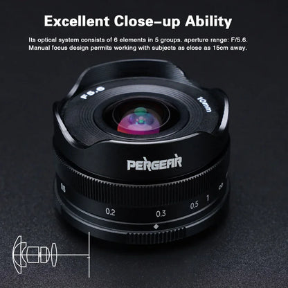 PERGEAR 10mm F5.6 APS-C Fisheye Manual Focus Prime Lens — Ultra-Wide for Fuji XF, M43, Sony E, Canon EOS M Mirrorless Cameras