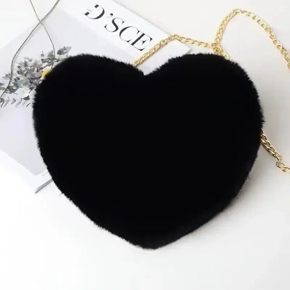 Heart-Shaped Fluffy Shoulder Bag – Fashion Chain Crossbody Plush Handbag & Cute Zipper Purse for Valentine's Day