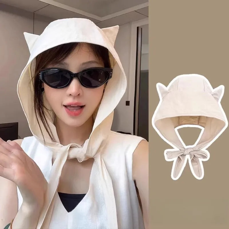 Women Cute Cat Ear Bucket Hat – Kawaii Cartoon Soft Breathable Sun Protection Cap, Adjustable Casual Summer Multi-Functional Hat