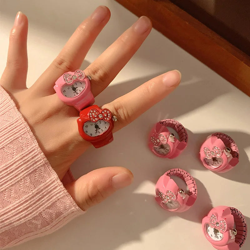 Kawaii Sanrio Hello Kitty Watch Ring - Cute KT Cat Bow Rhinestone Clock Ring Watches for Girls - Kids' Jewelry and Toy Gifts