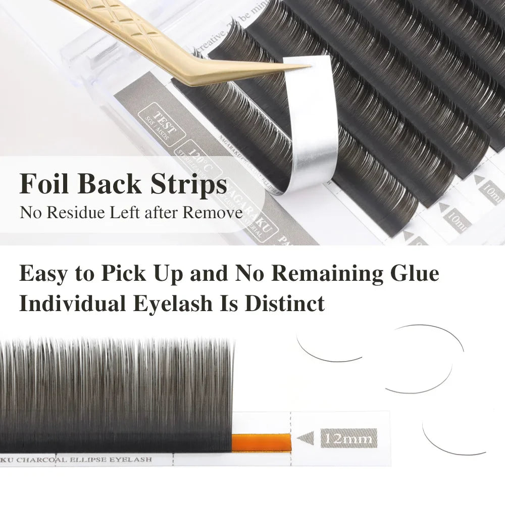 NAGARAKU Flat Ellipse Eyelash Extensions – L Curl Matte Charcoal Split Tip Lashes 0.15/0.20 Super Soft Natural Look