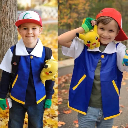 Cartoon Anime Ash Ketchum Trainer Blue Jacket Costume with Hat & Gloves for Kids Pokémon Go Cosplay Party