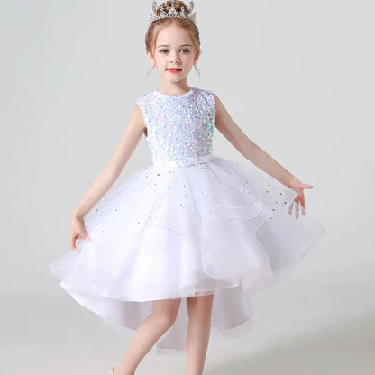 Sequin Lace Tuxedo Dress for Girls - Sleeveless Fluffy Mesh Wedding & Party Dress Ages 3–13