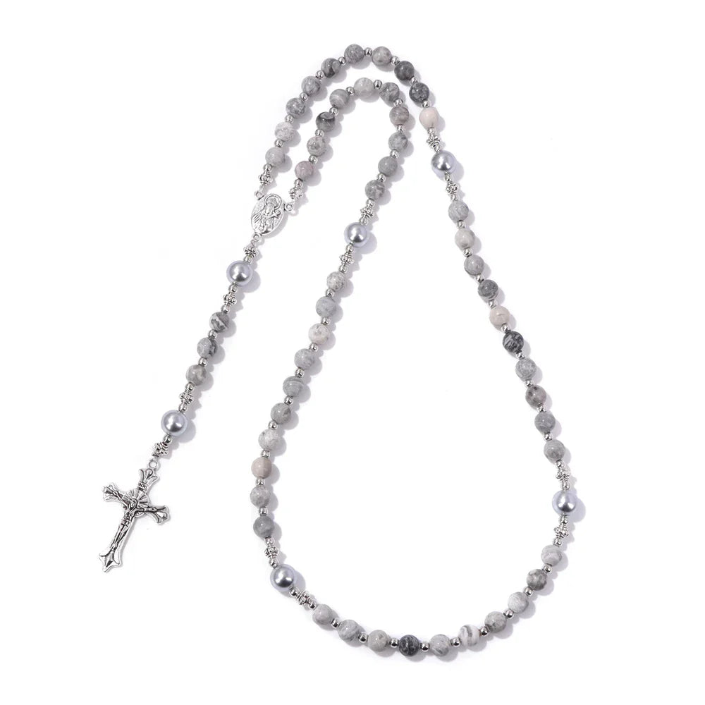 6mm Tiger Eye Rosary Beads Necklace – Catholic Jesus & Virgin Mary Pendant Long Knotted Chain Religious Jewelry for Men & Women