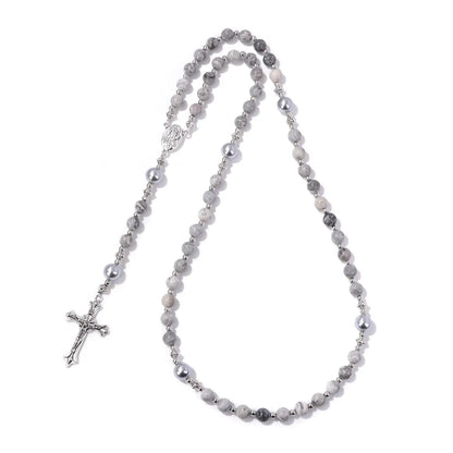 6mm Tiger Eye Rosary Beads Necklace – Catholic Jesus & Virgin Mary Pendant Long Knotted Chain Religious Jewelry for Men & Women