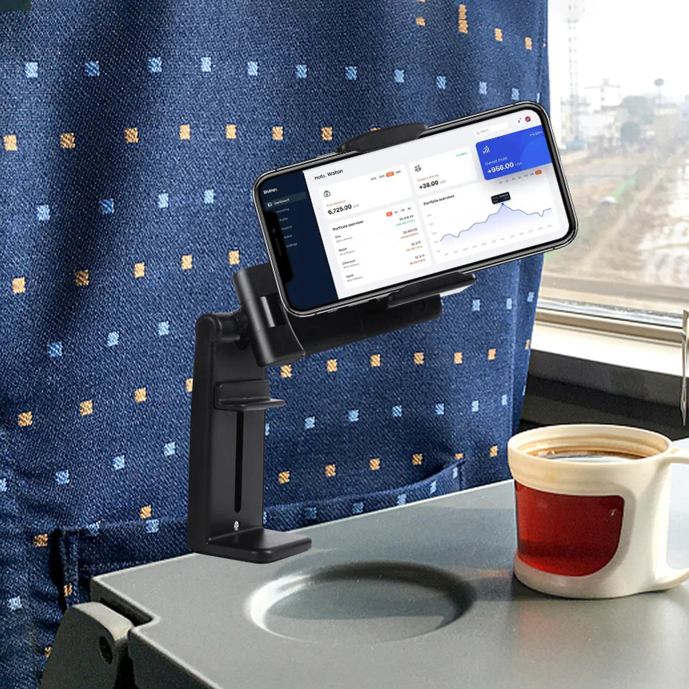Portable Airplane Phone Holder Clip | Foldable Travel Stand for iPhone, Samsung, Google, Mi | Seat & Desk Mount Support