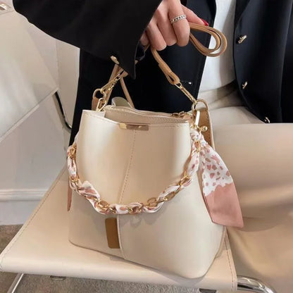 Luxury Women's Shoulder Bag - Large Capacity Ribbon Chain Crossbody Bucket Bag