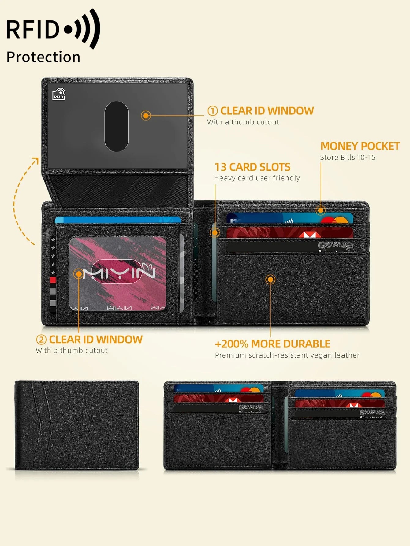 Carbon Fiber Minimalist Trifold Wallet for Men — Ultra-Thin RFID Wallet with ID Window, 13 Card Slots & Coin Holder