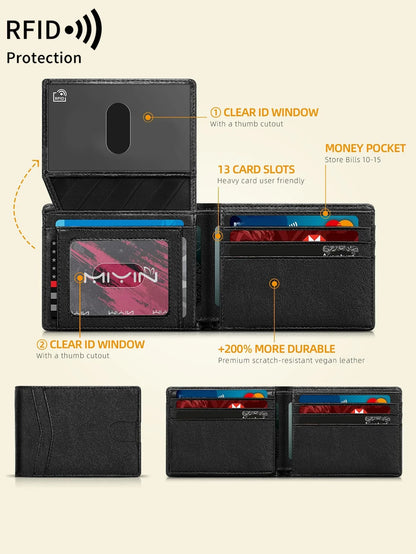 Carbon Fiber Minimalist Trifold Wallet for Men — Ultra-Thin RFID Wallet with ID Window, 13 Card Slots & Coin Holder