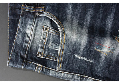 Streetwear Men’s Slim Fit Ripped Jeans – Retro Black & Blue Spliced Denim with Designer Embroidery, Hip Hop Fashion