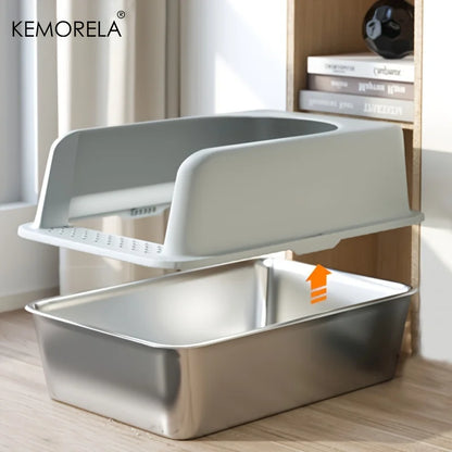 XL 60/50cm Stainless Steel Cat Litter Box with Lid – High Side, Odor-Resistant Large Litter Box for All Cat Sizes