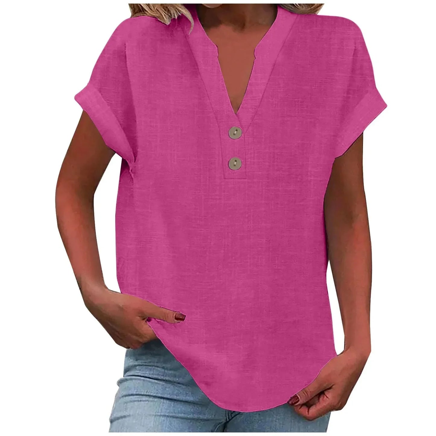 Women’s Cotton Linen Button-Down V-Neck Shirt – Breathable Solid Color Summer Office Casual Top 2025