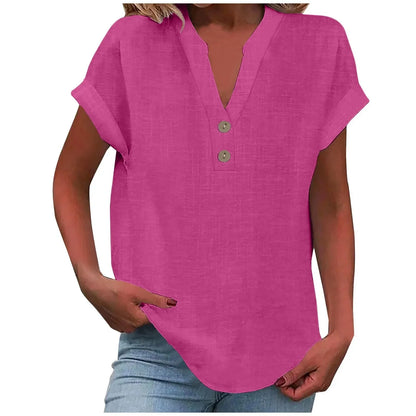 Women’s Cotton Linen Button-Down V-Neck Shirt – Breathable Solid Color Summer Office Casual Top 2025