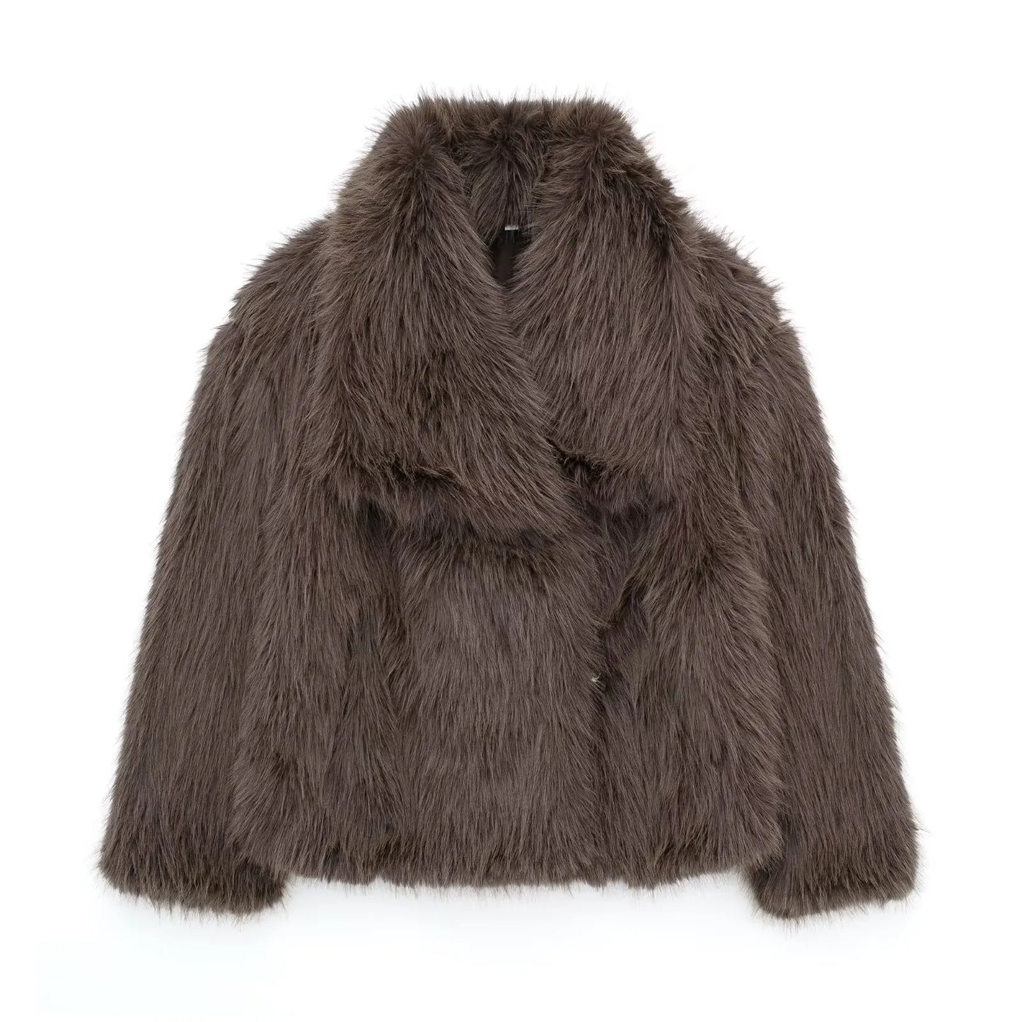 TRAF 2024 Women's Cropped Faux Fur Jacket – Chic Lapel Collar, Long Sleeve, Front Snap-Button Thick Coat