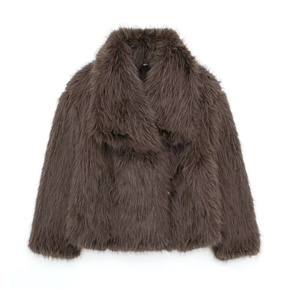TRAF 2024 Women's Cropped Faux Fur Jacket – Chic Lapel Collar, Long Sleeve, Front Snap-Button Thick Coat